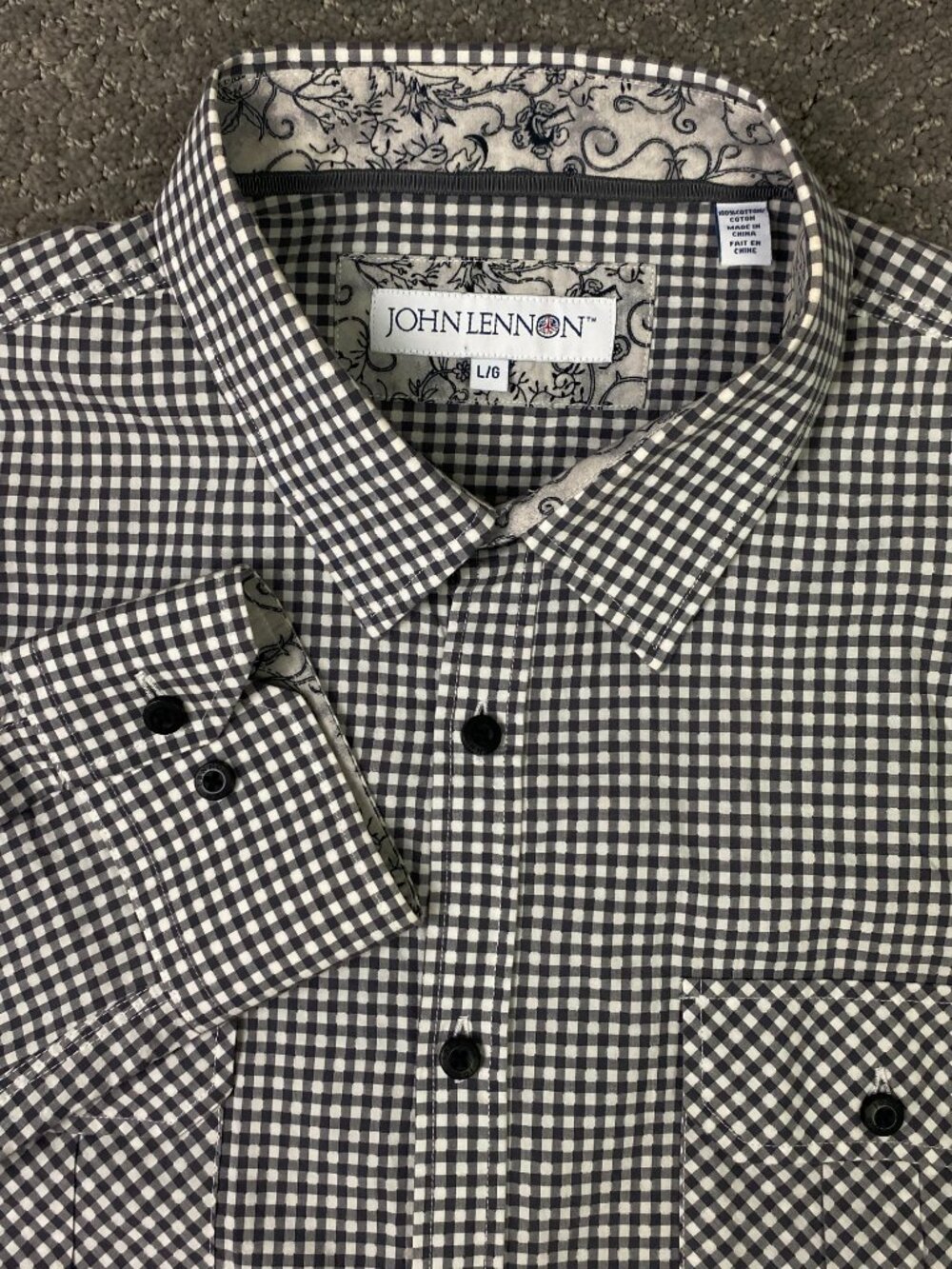 John Lennon Button Down Shirt Mens Large Black White Gingham Check 2 Pockets